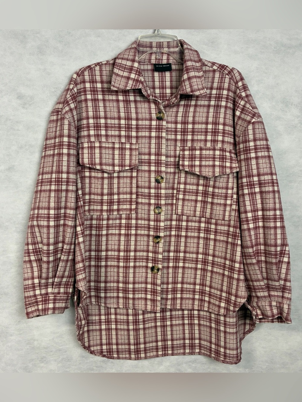 Miou Muse Plaid Flannel Shacket Women’s Size S/M Pink White Wool Blend
